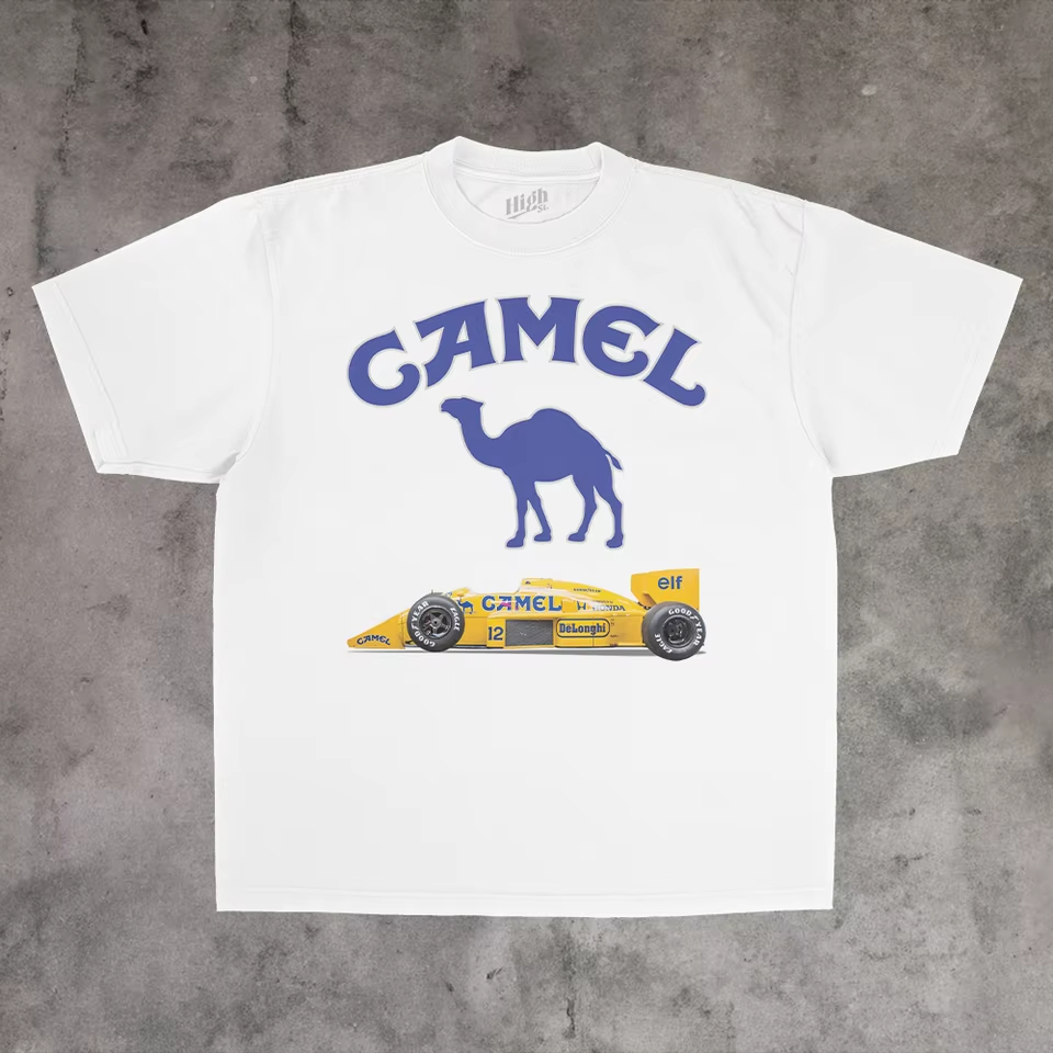 Streetwear Brand Vintage - วินเทจเรซซิ่งคลาสสิค คาเมล เทรนดี้แบรนด์เสื้อยืดผ้าฝ้ายกราฟิกทีชายหญิงฤดูร้อนสตรีทแวร์