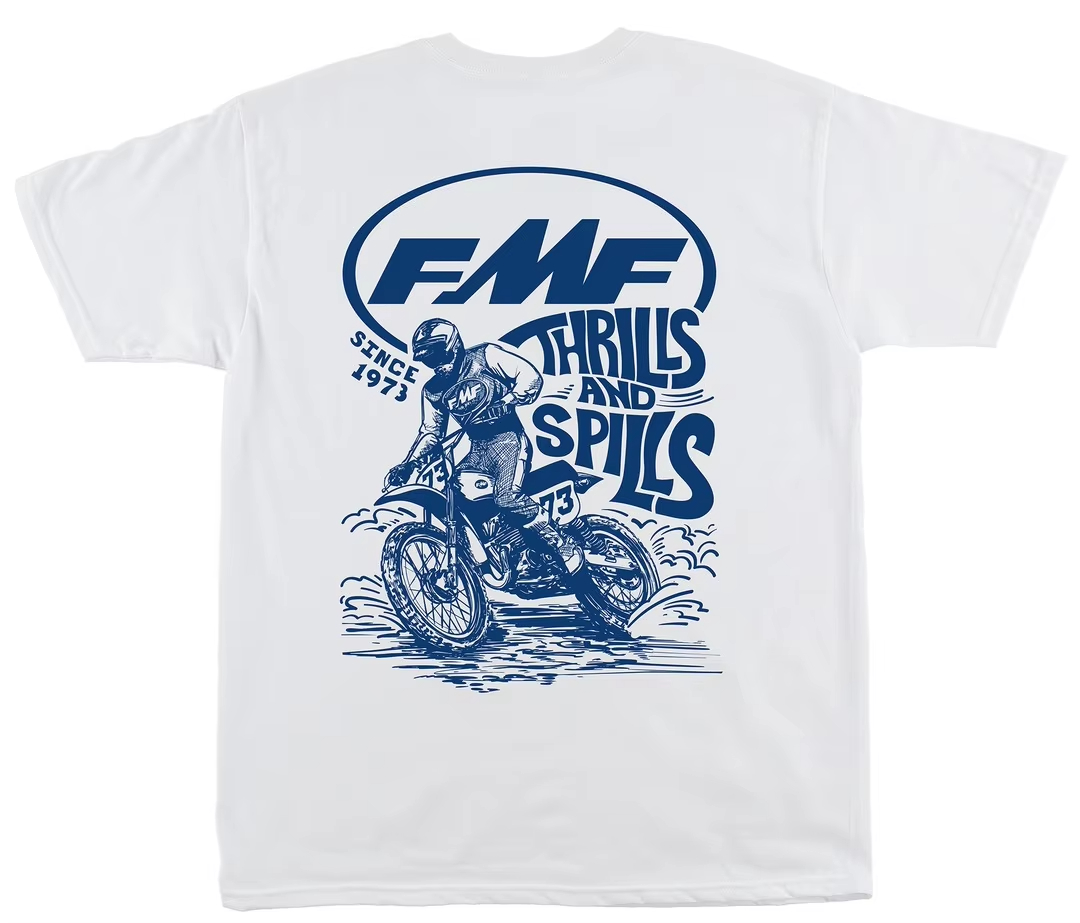 Streetwear Brand Tees - เสื้อยืดลายกราฟิกแบรนด์ท่อไอเสียมอเตอร์ไซค์วิบาก LEAN IN FMF สีขาว ผ้าฝ้าย